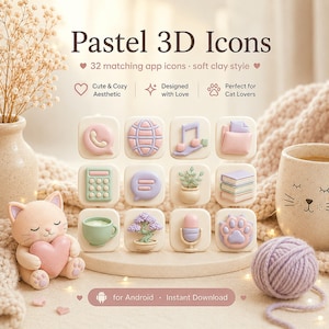 May include: A digital set of 32 pastel 3D app icons in a soft clay style, featuring symbols like a phone, globe, music note, folder, calculator, chat bubble, plant, books, cup, bonsai, microphone, and paw print, with text Pastel 3D Icons.