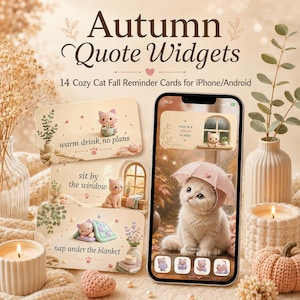 Autumn Quote Widgets for iPhone Android, 14 Cozy Cat Reminder Cards, Sweater Weather Aesthetic, Digital Download