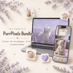 Pastellkatt-temapaket, appikoner, bakgrundsbilder, widgets, iPhone Android-startskärm, digital nedladdning