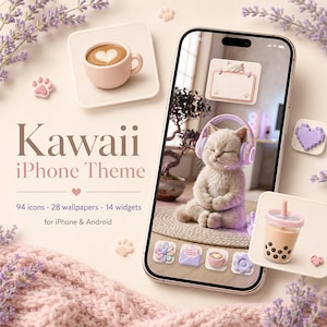 May include: A digital phone theme set featuring a smartphone displaying a kitten wearing headphones, surrounded by icons of a coffee cup, boba tea, and paw prints. Text reads Kawaii iPhone Theme, 94 icons, 28 wallpapers, 14 widgets for iPhone & Android.