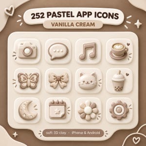 May include: A set of 252 pastel app icons in a vanilla cream color palette, featuring 3D clay-style designs including a camera, speech bubble, music note, coffee cup, butterfly, bow, cat face, bubble tea, moon, calendar, flower, and gear.