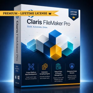 May include: A white and dark blue software box for Claris FileMaker Pro featuring a yellow banner labeled PREMIUM - LIFETIME LICENSE. The box displays a 3D cube graphic, the text Build. Automate. Grow., and icons for app development, scripting, data management, and security.