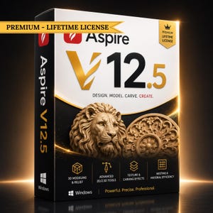 May include: A software box for Aspire V12.5 featuring a gold lion head and circular carving graphic. The box displays the text PREMIUM - LIFETIME LICENSE, Aspire V12.5, DESIGN. MODEL. CARVE. CREATE., and icons for 3D modeling, tools, and textures.