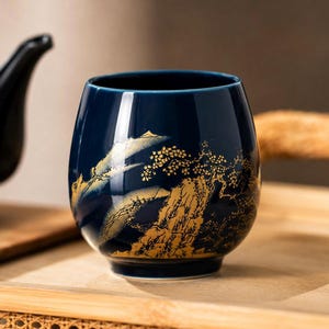 Peut inclure: Une tasse à thé en céramique bleu marine profond ornée d'une illustration de paysage dorée. Le motif représente une formation montagneuse rocheuse avec des branches d'arbre détaillées et du feuillage sur la surface incurvée.
