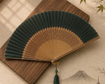 Japanese Folding Fan | Bamboo & Silk Hand Fan | White or Green Fan | Wedding Fan | Bridal Accessory | Japanese Decor | Dance Fan