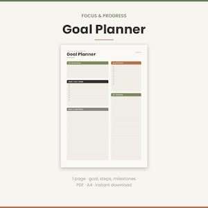 Könnte beinhalten: Eine Goal Planner Seite mit Abschnitten für My Main Goal, How I Get There, Why It Matters, Milestones und My Reward. Das Layout enthält Kontrollkästchen und linierte Bereiche zur Zielverfolgung auf einem hellen Hintergrund.