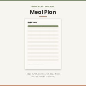 Könnte beinhalten: Eine weiße Essensplan-Vorlage mit einer grünen Kopfzeile, die den Text "WHAT WE EAT THIS WEEK" und "Meal Plan" enthält. Das Raster umfasst Spalten für Tag, Mittagessen, Abendessen, Snacks und Vorbereitung auf einer einzelnen Seite.