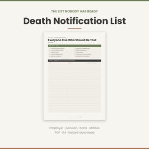 Könnte beinhalten: Ein Dokument zur Todesfallbenachrichtigung mit dem Titel The List Nobody Has Ready, das eine Checkliste für Arbeitgeber, Banken und Versorger sowie eine Tabelle für Namen, Nummern und Kontoreferenzen auf einer A4-Seite enthält.