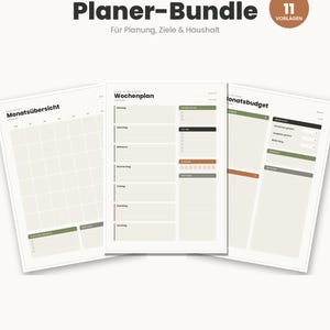Könnte beinhalten: Ein Planer-Bundle mit elf Vorlagen für Planung, Ziele und Haushalt. Das Set enthält eine Monatsübersicht, einen Wochenplan und eine Monatsbudget-Übersicht, die alle in einer neutralen Farbpalette mit grünen und braunen Akzenten gestaltet sind.