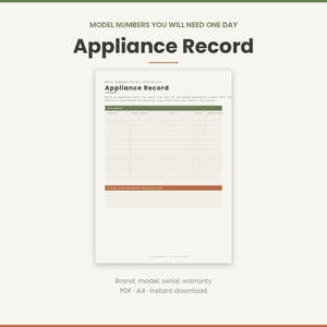 Könnte beinhalten: Ein druckbares Haushaltsgeräte-Verzeichnis mit dem Text "MODEL NUMBERS YOU WILL NEED ONE DAY" und "Appliance Record" oben. Das Dokument enthält Spalten für Gerät, Marke, Modell, Seriennummer und Garantieinformationen mit einer grünen Kopfzeile.