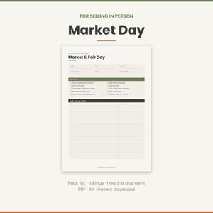 Könnte beinhalten: Ein druckbares Planungsblatt für Markt- und Messetage mit Abschnitten für Veranstaltungsdetails, einer Packliste mit Kontrollkästchen für Zubehör und einer Tabelle mit dem Titel How The Day Went zur Erfassung von Verkäufen und Einnahmen.
