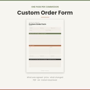 Könnte beinhalten: Ein weißes Formular für Kundenaufträge mit Abschnitten für Kundendaten, Bestelldatum, vereinbarte Bedingungen, Preise und nachträgliche Änderungen. Das Layout enthält grüne, orangefarbene und schwarze Kopfzeilen mit Textbeschriftungen zur Organisation.