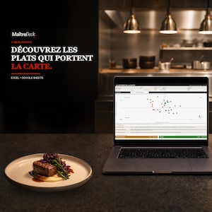 May include: A laptop displaying a scatter plot chart titled LA MATRICE DE LA CARTE next to a plate with a seared steak, mashed potatoes, and red cabbage. Text on the left reads MaîtreDeck, MENU MATRIX, DÉCOUVREZ LES PLATS QUI PORTENT LA CARTE.