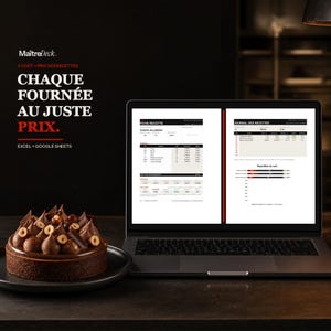 Könnte beinhalten: Ein Laptop zeigt eine Kalkulationstabelle für Rezeptkosten mit dem Titel Fiche Recette und Journal des Recettes neben einer runden Schokoladentorte mit Haselnussstücken und Schokoladenganache-Wirbeln, mit dem Text MaîtreDeck und Chaque Fournée Au Juste Prix.
