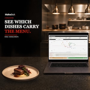 May include: A laptop displaying a scatter plot titled THE MENU MATRIX next to a plate with a seared steak, mashed potatoes, and red cabbage. Text on the left reads MaîtreDeck, MENU MATRIX, SEE WHICH DISHES CARRY THE MENU, and EXCEL + GOOGLE SHEETS.
