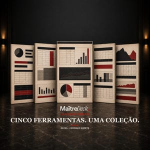 May include: Five rectangular panels display various data charts, tables, and graphs in black, red, and beige. The text MaîtreDeck, CINCO FERRAMENTAS. UMA COLEÇÃO., and EXCEL + GOOGLE SHEETS is printed in white and red on the front of the display.