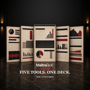 May include: Five rectangular cards arranged in a fan shape, each displaying various data charts, graphs, and tables in black, red, and cream. The text MaîtreDeck, FIVE TOOLS. ONE DECK., and EXCEL + GOOGLE SHEETS is printed in white below the cards.