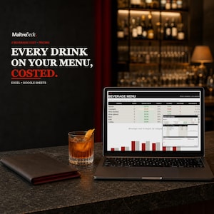 May include: A laptop displaying a beverage menu spreadsheet with cost analysis charts, positioned next to a glass of amber liquid with an orange peel garnish and a closed dark leather folder on a textured surface with text MaîtreDeck.