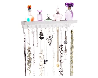 Necklace Holder Organizer Wall Mount Jewelry Display Hanging Jewellery Storage Rack with Shelf, Schelon