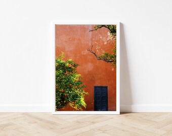 Eternal Sevilla: Orange Trees and Terracotta Wall in Spain's Andalusia - Mediterranean Wall Art - Spanish Garden Photo