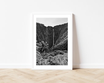 Stunning Waipi'o Valley Waterfall - Black and white giclée beach prints Hawai - Affordable Fine Art - Home and Office Decor