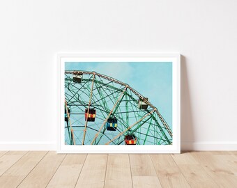 A Day at New York Coney Island - Festive Ferris Wheel Print Evokes Nostalgia - Primary Colors Float Amid Dreamy Blue Sky - Nursery Decor