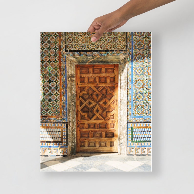 Intricate Carved Door & Azulejo Tiles Print - Sevilla's Casa de Pilatos - Vibrant Spanish Tile Accents - Home and Office Decor