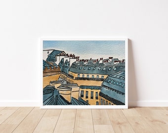 Paris Rooftops - 5x7 Original Watercolor Painting - One of A Kind - Affordable Art Under 30 - Colorful Cityscape - Travel Postcard
