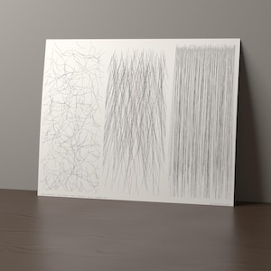 May include: A rectangular white print featuring three distinct black ink line patterns. The left section displays chaotic, tangled lines, the center shows downward-angled strokes, and the right side consists of dense, vertical parallel lines.