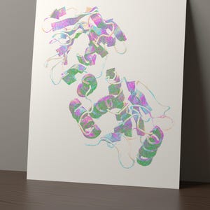 May include: A white rectangular print featuring a complex, abstract molecular structure rendered in a vibrant, iridescent gradient of purple, green, and blue. The design consists of interconnected ribbons and coils, creating a scientific illustration.