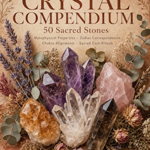 Può includere: Un libro intitolato The Crystal Compendium: 50 Sacred Stones, A Guide for the Modern Mystic, Earth Spirit Stone. La copertina presenta una collezione di cristalli di ametista, quarzo chiaro, citrino e quarzo fumé circondati da fiori secchi.