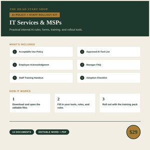 Może przedstawiać: Cyfrowy zestaw dokumentów zatytułowany The Head Start Shop AI Policy + Staff Rollout Kit dla usług IT i MSP. Zawiera sześć elementów, w tym politykę dopuszczalnego użytkowania, listę zatwierdzonych narzędzi AI, potwierdzenie pracownika, FAQ dla menedżerów, materiały szkoleniowe dla personelu oraz listę kontrolną wdrożenia.