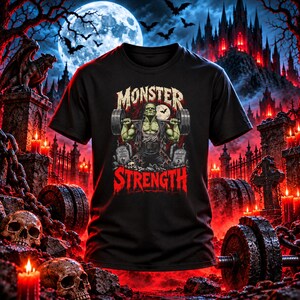 May include: A black short-sleeve t-shirt featuring a graphic of a green monster lifting a barbell. The text "MONSTER" appears above the figure, and "STRENGTH" is printed in red below. The design includes tombstones and a full moon background.
