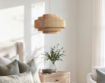 Handwoven Rattan Pendant Light | Boho Organic Bedroom Chandelier, Dimmable Lamp, Starry Rustic Lightshade