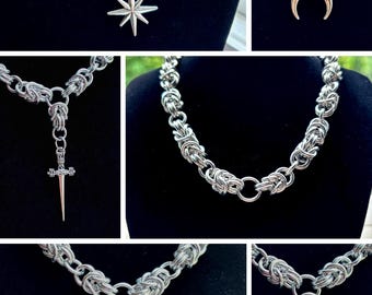 Aluminum Byzantine Chainmail Choker Layer Necklace | Choose a Charm (Stainless Steel or Zinc Alloy)