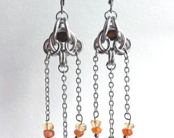 Baldur's Gate Inspired | Karlach | Hypoallergenic Captured Tiger's Eye, Citrine, Carnelian Chainmail & Gemstone Earrings
