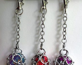 Removable Chainmail D20 Dice Jail Keychain Bag Clip | Aluminum Rings, One Mystery D20 Included | RPG Accessories