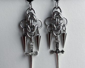 Aluminum Chainmail Byzantine Dagger & Spike Charm Earrings | Unisex / Men / Women / Creature / Etc
