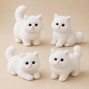 May include: Four small, white, fuzzy cat figurines with round faces, large black eyes, and tiny pink noses. Two of the cats are standing with their tails curled upward, while the other two are in a seated or resting position with their tails visible.