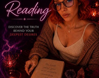 May include: A digital advertisement featuring the text SEXUAL PSYCHIC READING, DISCOVER THE TRUTH BEHIND YOUR DEEPEST DESIRES, EXTREMELY, SAME HOUR, and DETAILED. An open book displays the text The truth about your most intimate connection with a heart.