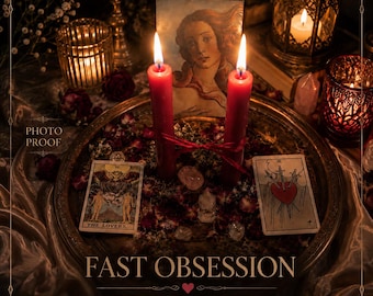 May include: Two red candles tied with a red string stand on a round tray with dried flower petals, two tarot cards labeled The Lovers and Three of Swords, a print of a woman, and crystals. Text reads PHOTO PROOF, FAST OBSESSION, LOVE RITUAL.