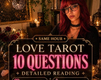May include: A digital graphic featuring the text SAME HOUR LOVE TAROT 10 QUESTIONS DETAILED READING with icons of a heart and a crystal. The design includes the phrases CLEAR ANSWERS and PERSONAL GUIDANCE set against a dark, mystical background.