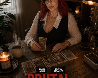 May include: A tarot reading service advertisement featuring the text SAME HOUR, EXTRA DETAILED, BRUTAL TAROT READING, NO SUGAR COATING. The image displays a person with red hair and glasses holding a tarot card at a wooden table with several cards laid out, a lit candle, and various decorative items.