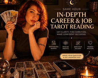 May include: A tarot reading service advertisement featuring text that reads SAME HOUR IN-DEPTH CAREER & JOB TAROT READING, GET CLARITY, FIND DIRECTION, MAKE CONFIDENT DECISIONS, PERSONALIZED READING, DETAILED INSIGHTS, SAME HOUR DELIVERY, TRUSTED INTUITION, WRITE YOUR QUESTION & GET ANSWERS FAST, CAREER, NEW JOB, PROMOTION, SUCCESS.