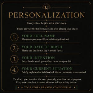 May include: A black informational graphic with gold and green text titled PERSONALIZATION. It lists four numbered requirements: YOUR FULL NAME, YOUR DATE OF BIRTH, YOUR INTENTION, and YOUR CURRENT SITUATION, with instructions for providing details for a ritual.