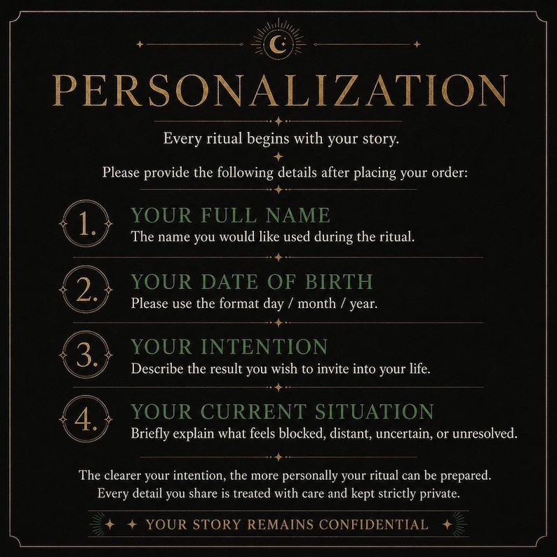 May include: A black informational graphic with gold and green text titled PERSONALIZATION. It lists four numbered requirements: YOUR FULL NAME, YOUR DATE OF BIRTH, YOUR INTENTION, and YOUR CURRENT SITUATION, with instructions for providing details for a ritual.