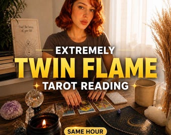 May include: A tarot reading service featuring the text EXTREMELY TWIN FLAME TAROT READING and SAME HOUR with five gold stars. The scene includes a crystal ball, an amethyst cluster, a lit black candle, tarot cards, and a dark journal on a wooden table.