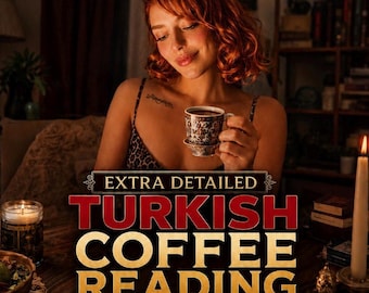 May include: A small, ornate ceramic cup with a dark liquid, featuring intricate brown and white patterns. The text on the image reads: EXTRA DETAILED TURKISH COFFEE READING SAME HOUR. The cup is held in a hand, with a candle and books visible nearby.