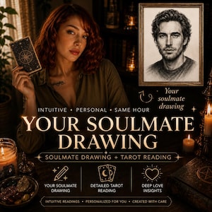 Peut inclure: Un graphique numérique présentant un portrait au fusain d'un homme dans un cadre, une carte de tarot et le texte : YOUR SOULMATE DRAWING, INTUITIVE, PERSONAL, SAME HOUR, SOULMATE DRAWING + TAROT READING, YOUR SOULMATE DRAWING, DETAILED TAROT READING, DEEP LOVE INSIGHTS.