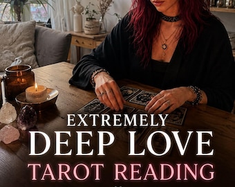 May include: A tarot reading service advertisement featuring the text EXTREMELY DEEP LOVE TAROT READING, SAME HOUR, EXTRA DETAILED, and Honest. Intuitive. In-Depth. The image displays a person with red hair and glasses laying out tarot cards on a wooden table.